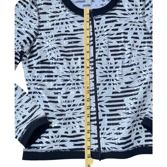 Joseph Ribkoff Full Zip Vinyl Shimmer Striped Floral Jacket Black White Size 12 - Picture 7 of 15